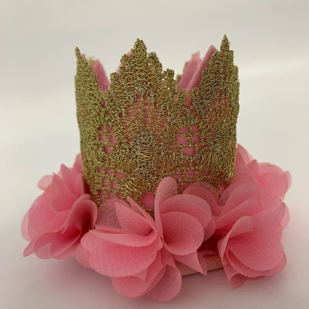 Baby First Birthday Hat Crown Gold Pink Roses w Elastic Small Photo Shoot Party